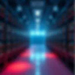 A large data center with lights off and equipment powered down, signaling shutdown of cryptocurrency mining operations.