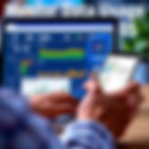 A person checking data usage settings on a Windows 11 laptop and an Android smartphone, showing graphs and usage statistics for WiFi and mobile data.