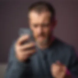 A distressed man holding his phone, looking worried about money lost in a crypto trading scam initiated through a dating app.