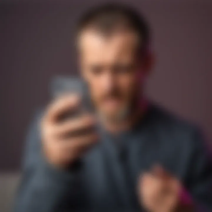 A distressed man holding his phone, looking worried about money lost in a crypto trading scam initiated through a dating app.