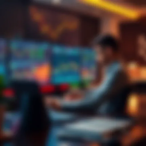 A beginner sitting at a desk with a laptop, analyzing stock charts and graphs related to day trading.