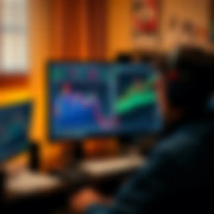 A person looking at trading charts on a computer screen, with financial graphs and stock prices displayed, in a home office setting.