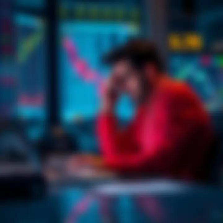 A day trader sitting at a desk with a laptop, looking worried while reviewing financial charts, symbolizing regret and seeking advice from the trading community.