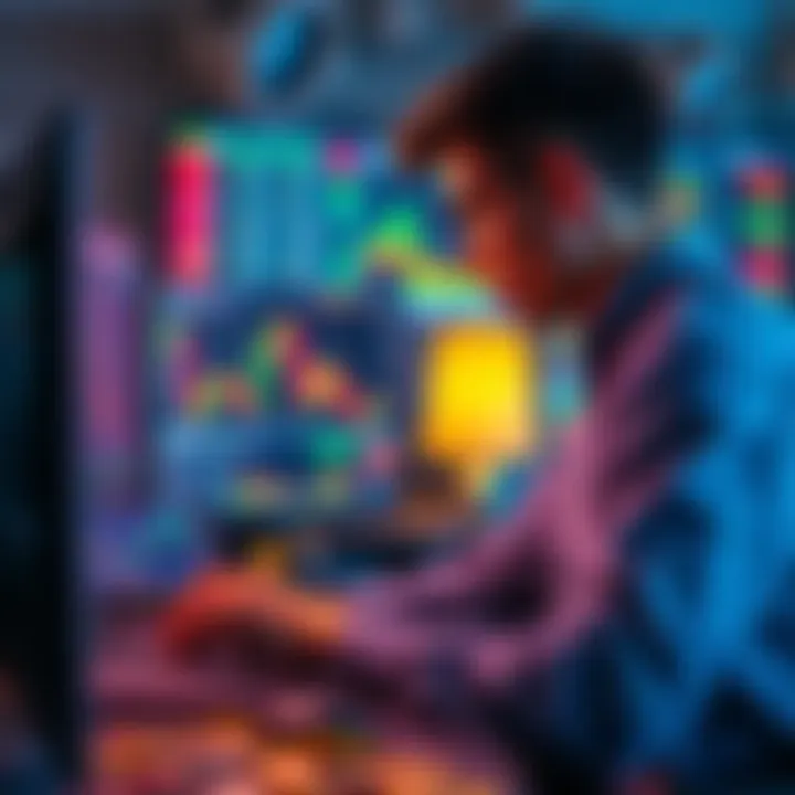 A person looking at charts on a computer screen, exploring lesser-known coins and market trends for day trading.