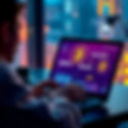 A person analyzing different cryptocurrency apps on a laptop, focusing on dollar-cost averaging for Bitcoin investments.