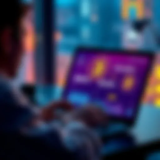 A person analyzing different cryptocurrency apps on a laptop, focusing on dollar-cost averaging for Bitcoin investments.