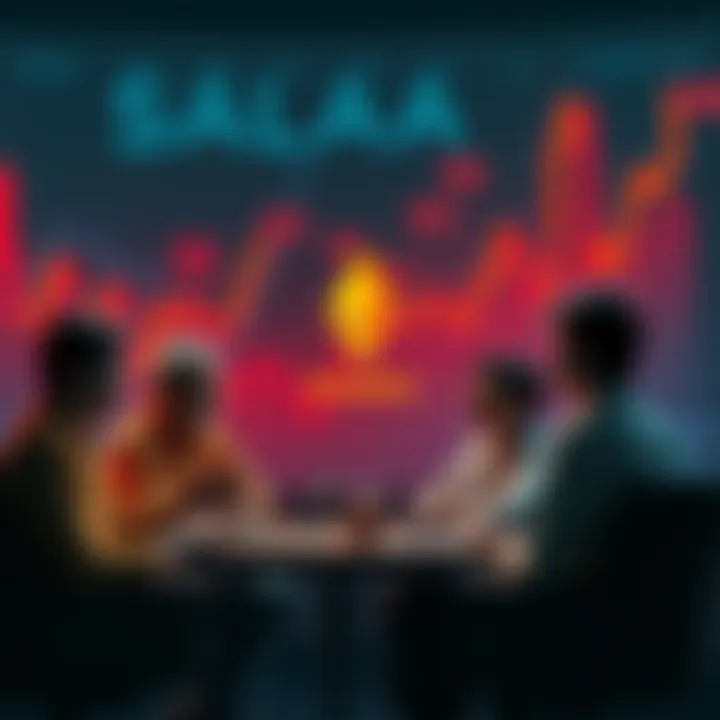 A group of people discussing the potential of Monero and Solana as future currencies, with charts and graphs in the background highlighting cryptocurrency trends.