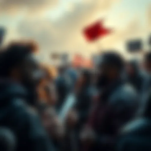 A heated discussion between two groups, one side showing strong emotions while the other remains calm. Signs and banners are present, reflecting their viewpoints.