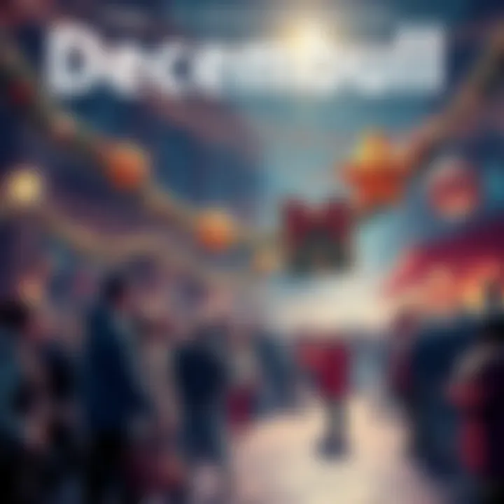 A lively scene depicting people gathered to celebrate Decembull, with festive decorations and excitement in the air.