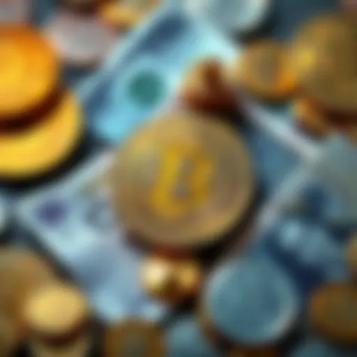 A visual representation of digital currency symbols like Bitcoin with banknotes and coins, highlighting alternatives to high bank charges.