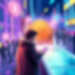 Illustration representing decentralized finance with people interacting with digital currency and technology