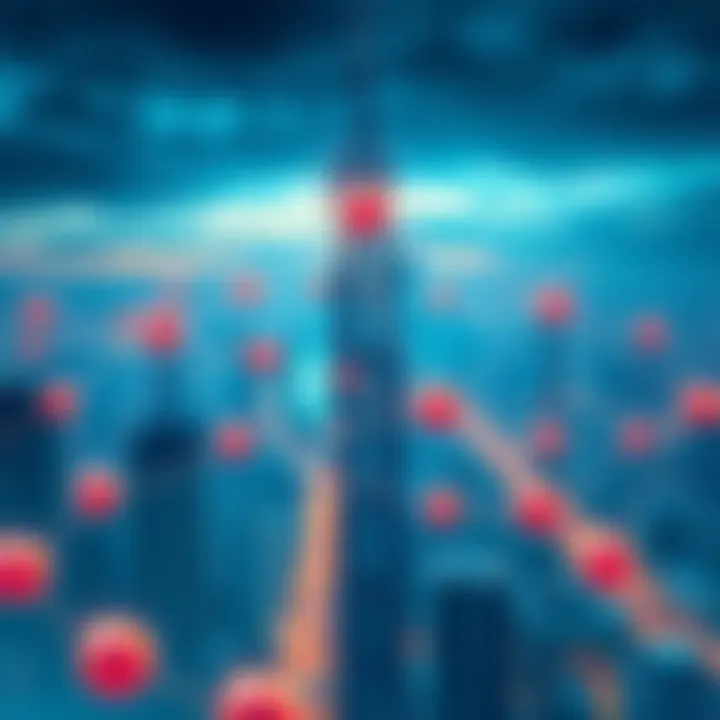 Decentralized Telecom Network Illustration of a decentralized telecom network with connected nodes and broadcasting signals over a city skyline
