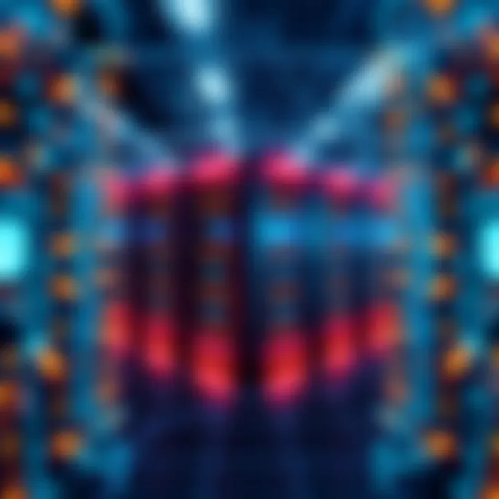 A visual representation of a decentralized data center powered by the Theta Network, showcasing interconnected nodes and digital storage elements, symbolizing cost-effective data solutions for AI and research.