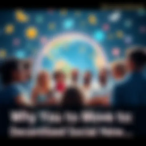 A group of diverse people discussing cryptocurrency on a decentralized platform, surrounded by symbols of freedom and open communication.