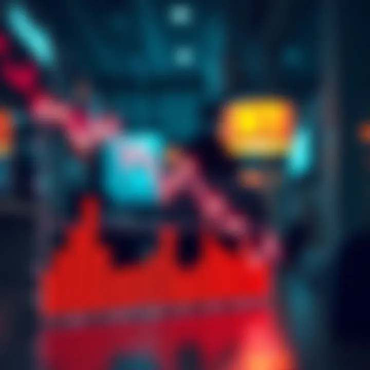 A graph showing a downward trend in HNT rewards over the past six months, with worried investors in the background looking at their earnings.