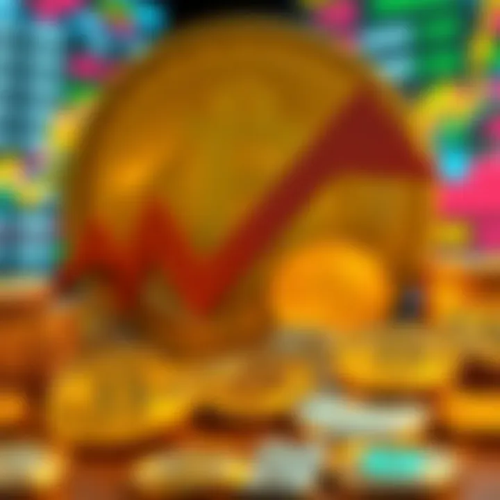A graphic showing a downward trend in cryptocurrency values with gold and stocks on the rise in the background