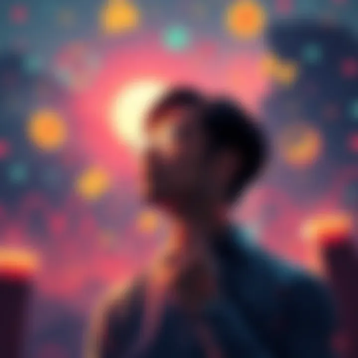 A person contemplating savings options with digital finance symbols around, highlighting DeFi protocols and community discussions.