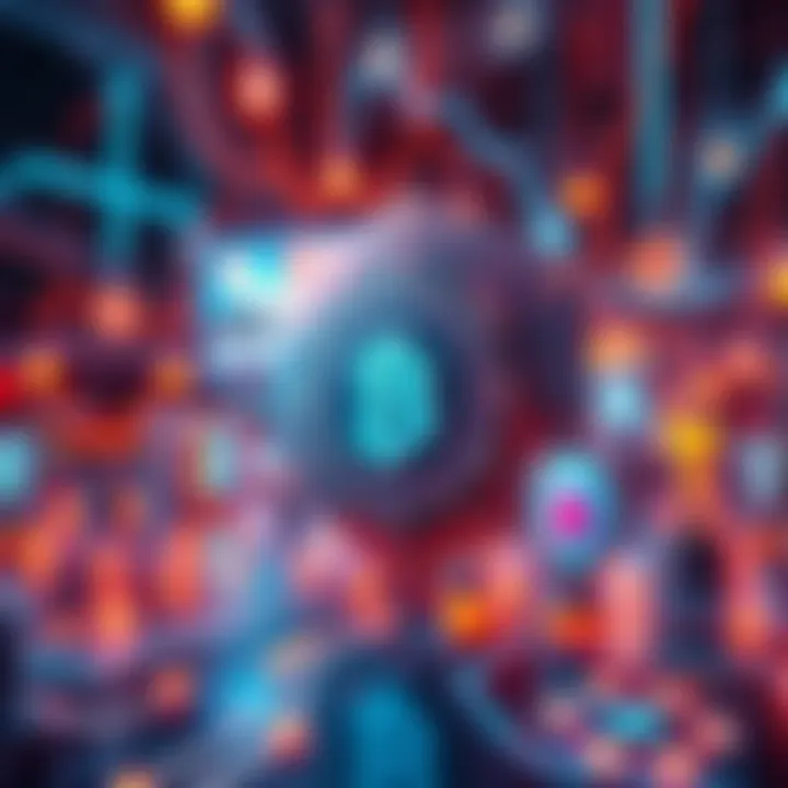 A digital representation of Decentralized Finance with blockchain elements and financial icons, showcasing security and innovation.