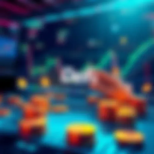 An illustration showing a person trading tokens on a decentralized finance platform with charts and tokens around them.