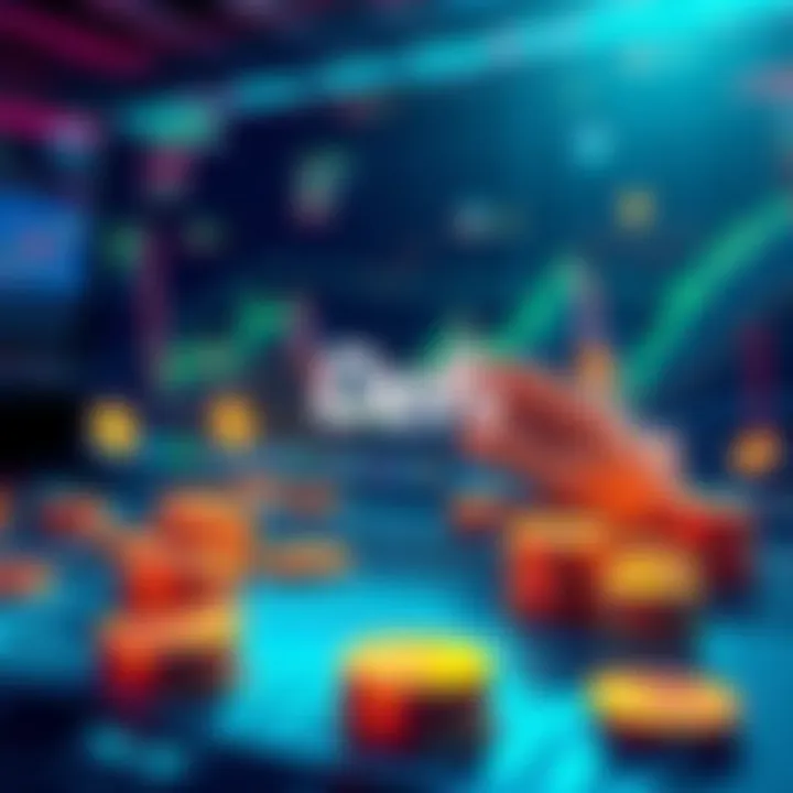 DeFi Trading Concept An illustration showing a person trading tokens on a decentralized finance platform with charts and tokens around them.