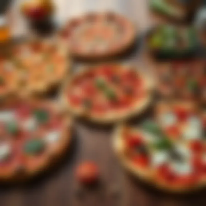 A variety of pizzas displayed on a wooden table, showing different toppings like pepperoni, mushrooms, and vegetables.