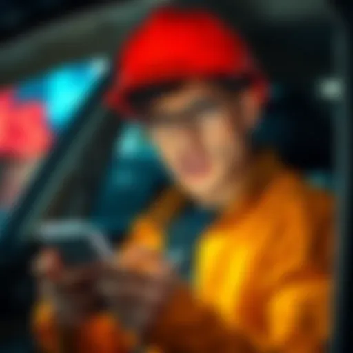 A delivery driver frustrated while checking their phone for delayed message notifications in a chat app, showing a mix of annoyance and surprise at unexpected extra tip from a customer.