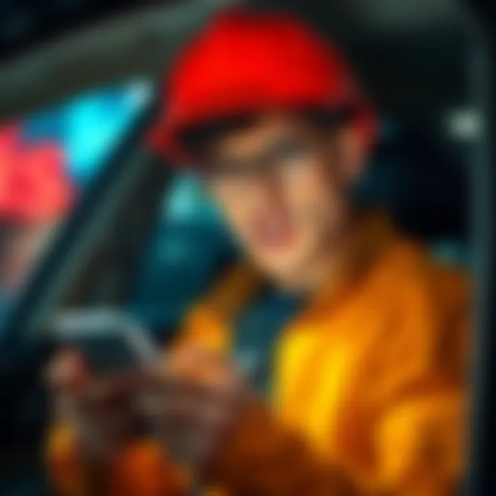 A delivery driver frustrated while checking their phone for delayed message notifications in a chat app, showing a mix of annoyance and surprise at unexpected extra tip from a customer.