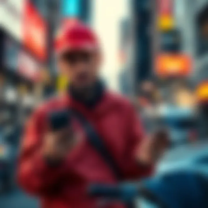 A delivery driver holding two phones while waiting for orders, looking frustrated in a busy urban setting