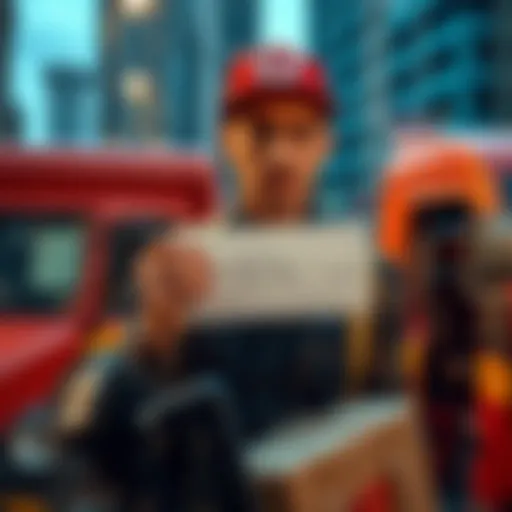 A delivery worker looks frustrated while holding a paycheck showing a low payment for a long delivery. The worker stands next to a delivery vehicle with a city backdrop.