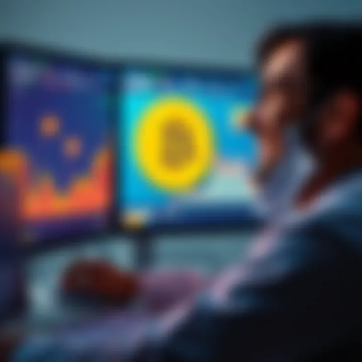 A dentist smiling while looking at a declining Bitcoin chart on a computer screen, expressing satisfaction with traditional investments over crypto speculation.