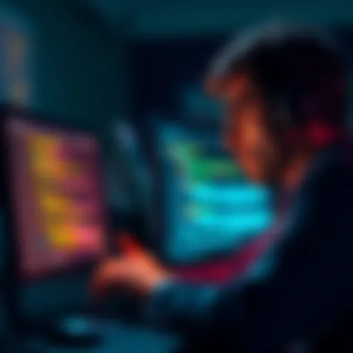 Developer frustrated while coding a web app in Gemini, looking at a computer screen with error messages and notes.