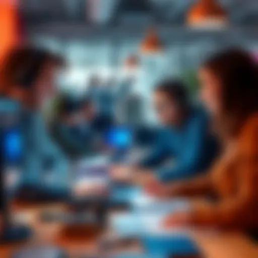 A group of software developers collaborating in a modern workspace, sharing ideas and coding together.