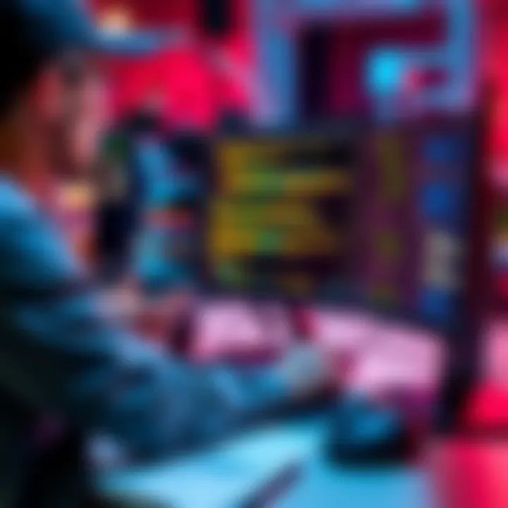 A developer working on a computer screen, coding a new content management system, with notes about security and plugin management in view.