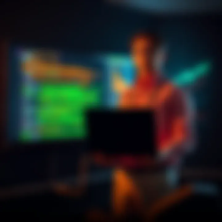 A developer stands with a laptop in front of a screen showing lines of code and a graph indicating misleading statistics, emphasizing the issue of code theft.