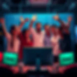 Group of developers celebrating around a computer, showcasing teamwork and innovation in technology development for Kaspa.