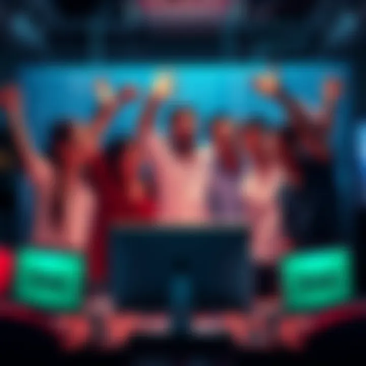 Group of developers celebrating around a computer, showcasing teamwork and innovation in technology development for Kaspa.