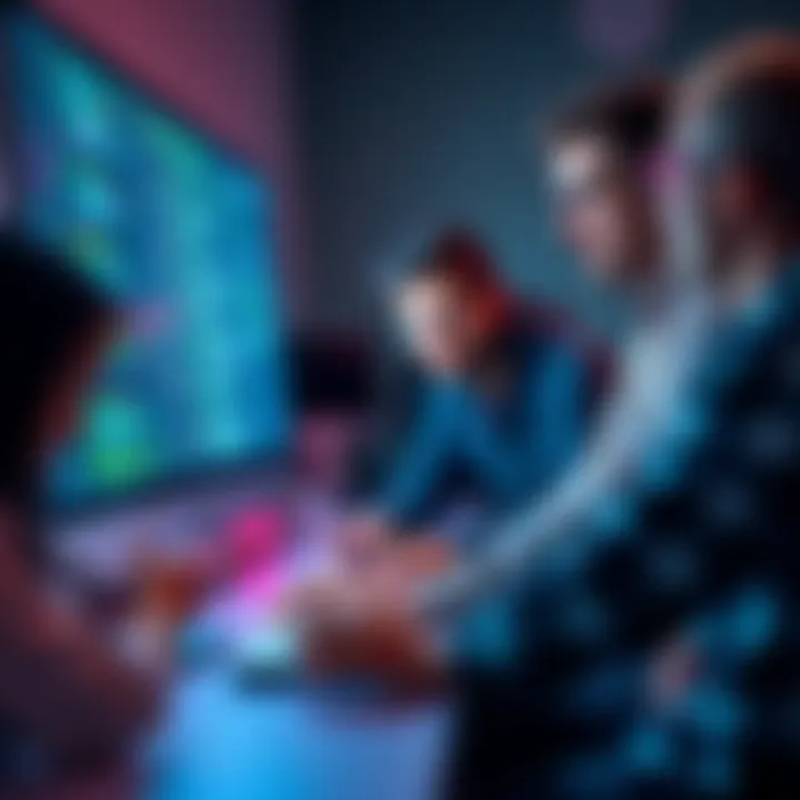A group of developers collaborating on a computer, discussing integrating a Content Management System into a website, with code visible on the screen.