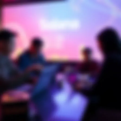 A group of developers discussing off-ramp solutions on laptops with Solana branding in the background