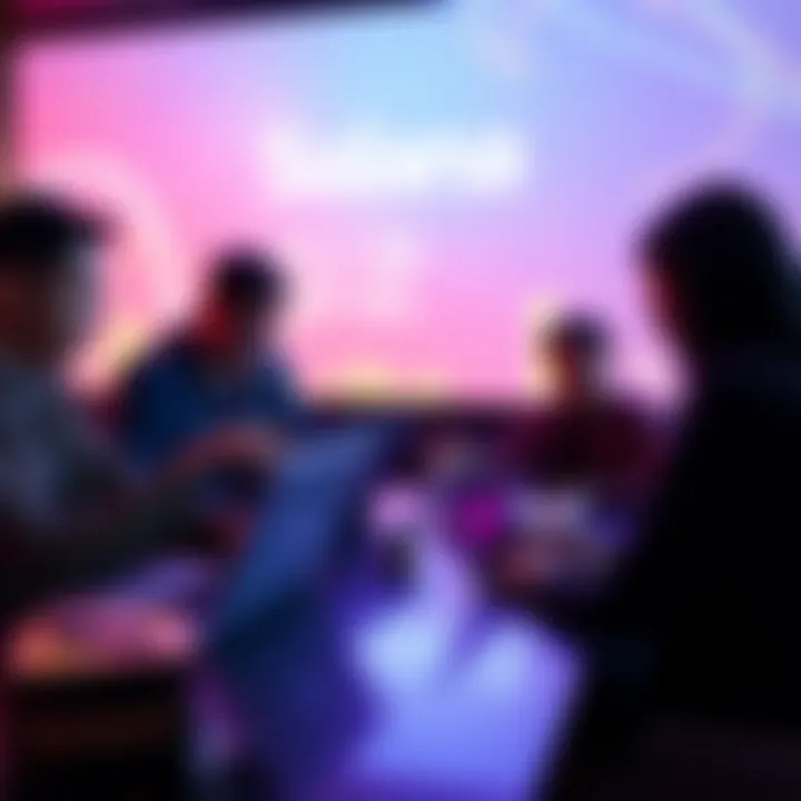 A group of developers discussing off-ramp solutions on laptops with Solana branding in the background