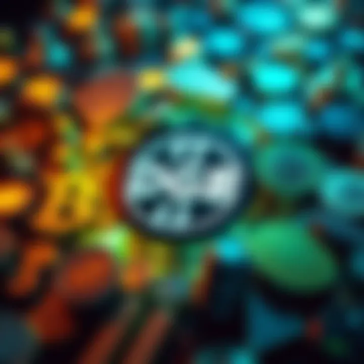 A representation of the DGB logo surrounded by various digital currency symbols, symbolizing its role in decentralized finance.