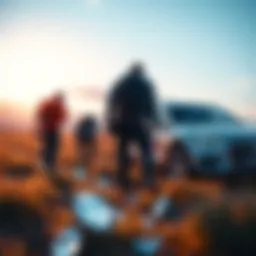 A group of people searching the ground for diamonds with a car parked nearby, showing the effort required for diamond hunting.