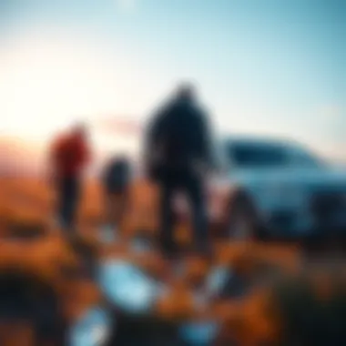 A group of people searching the ground for diamonds with a car parked nearby, showing the effort required for diamond hunting.