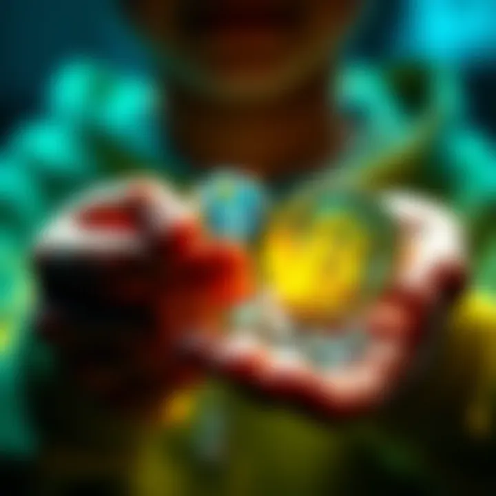 A person holding a diamond in one hand and AB tokens in the other, symbolizing the shift from traditional to digital investments.