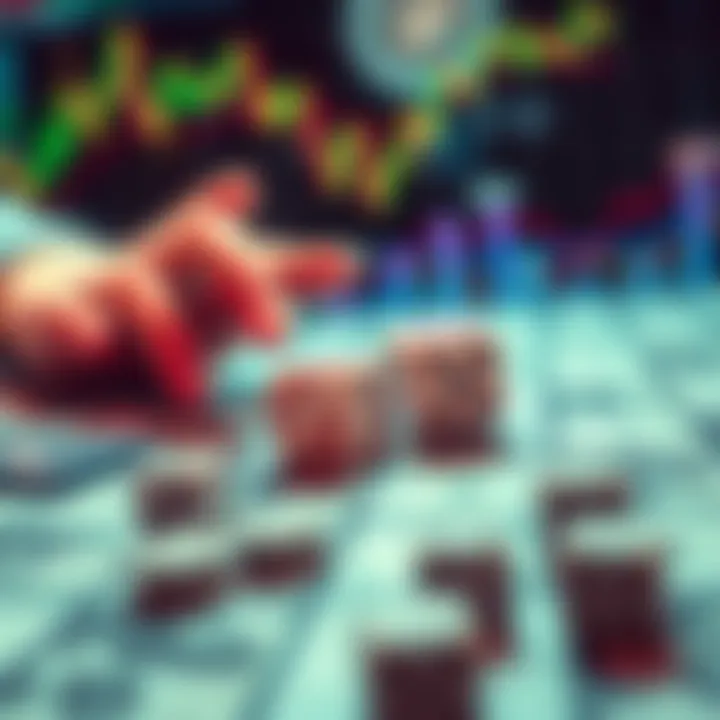 A pair of hands rolling dice over a table with money and financial charts in the background