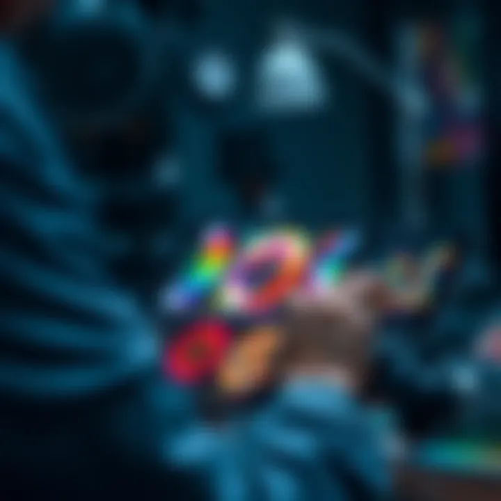 An artist creating digital art on a tablet with colorful graphics displayed on the screen.