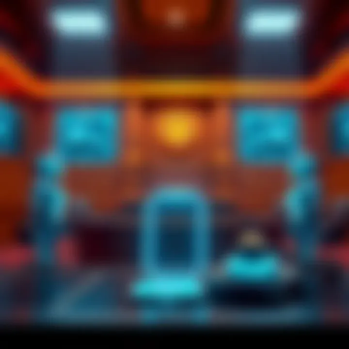A digital courtroom scene with AI agents represented by holographic figures, showcasing a gavel and legal symbols.