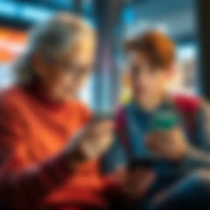 A grandparent learns to use a digital wallet on a smartphone, showing her grandson how to secure online transactions.