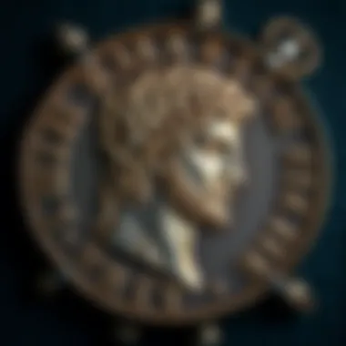 A close-up of a Diocletian aureus coin featuring the head of Jupiter, showcasing the intricate details and inscriptions connected to the Roman Empire.