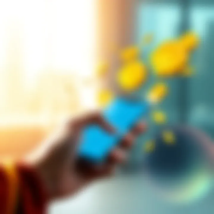 A graphic showing a person using a smartphone with cash symbols around, representing the Direct Deposit Cashback Program