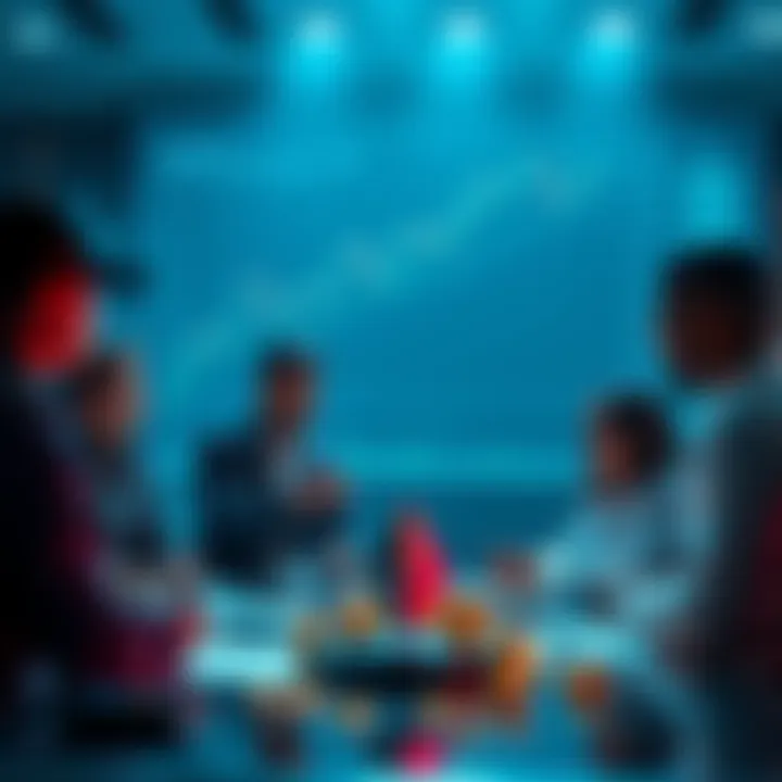 People engaging in a discussion about DeFi and cryptocurrency trends with charts and digital currency symbols around them